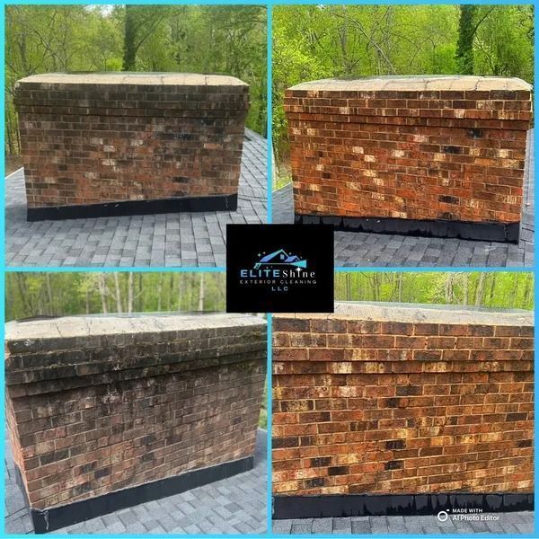 Four-panel comparison of a brick chimney before and after cleaning, showing the removal of dark stains.