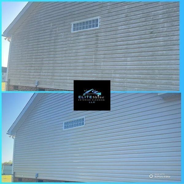 Before and after power washing of a gray house siding, cleaning off grime.
