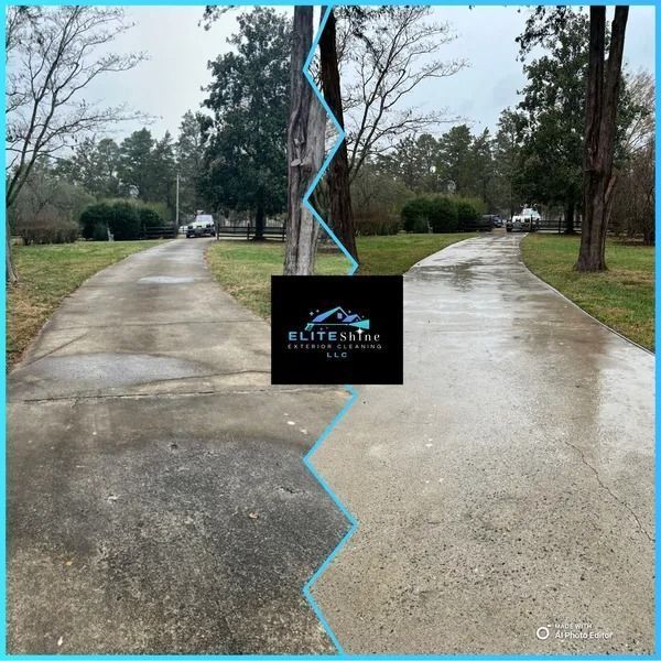 Concrete driveway before and after pressure washing. Shows cleaned side, dirty side, logo in center.