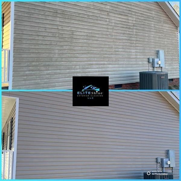 Before and after comparison of house siding cleaning. Gray siding is visibly cleaner on the bottom.