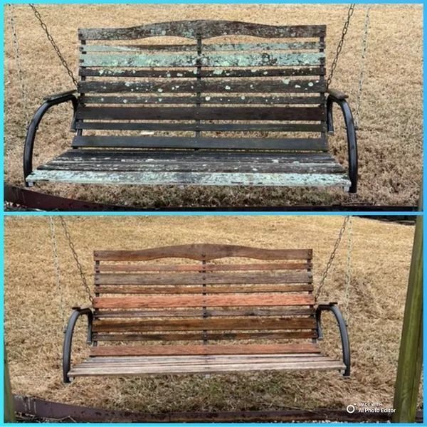 Before and after of a wooden swing set. Top image shows aged wood, bottom shows cleaned wood with color variations.