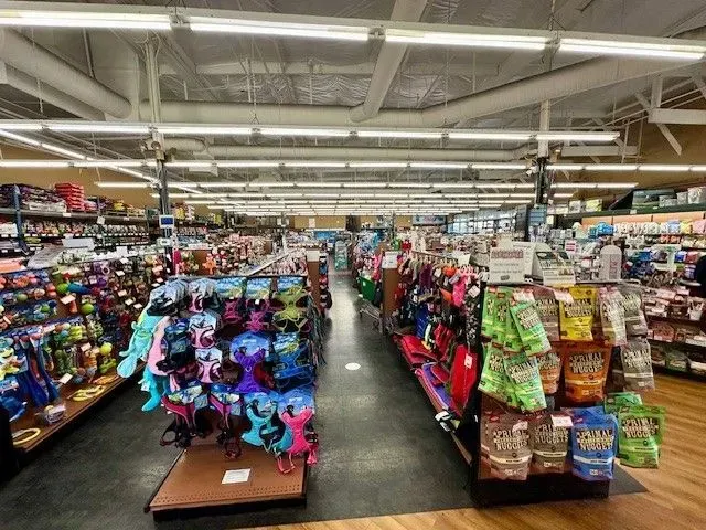 Interior of a pet store with rows of pet supplies, including harnesses and treats.