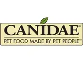 Canidae pet food logo: black text on a beige background, with a green leaf above, and