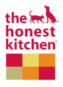 The Honest Kitchen logo: red text with cat and dog, below are color blocks.