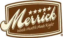 Merrick pet food logo: Brown background, tan lettering,