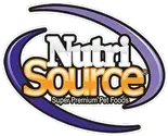 NutriSource pet food logo with orange and white text inside a purple and blue oval.