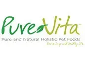 Logo for Pure Vita brand, with green text and leaf design, and tagline