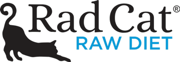Black cat stretching towards Rad Cat Raw Diet text in blue.