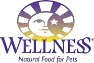 Logo for Wellness brand pet food: crescent moon and star inside an oval, purple and yellow. Text