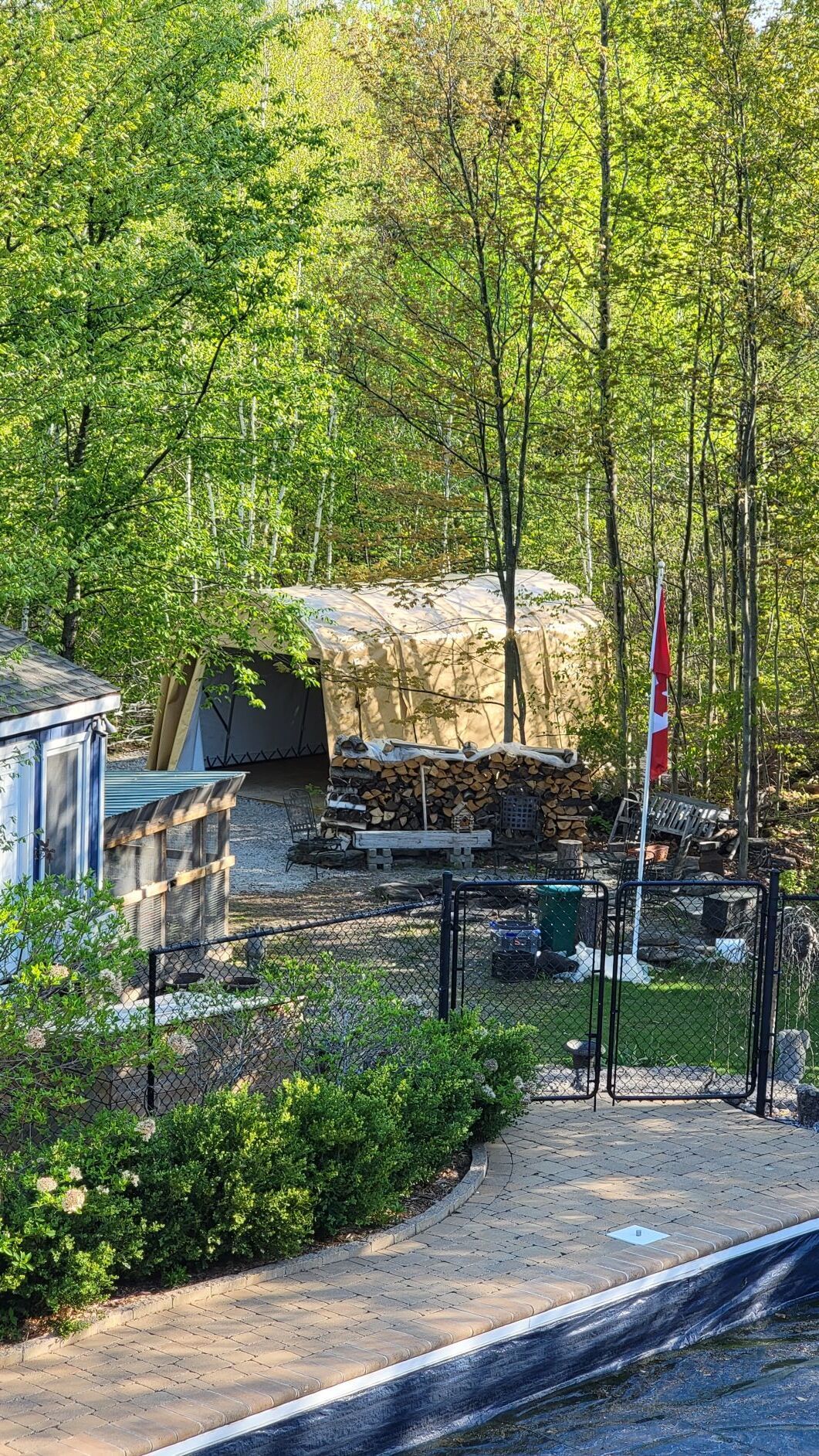 A wooded area with structures, including a shed and a covered structure. A flag waves nearby.
