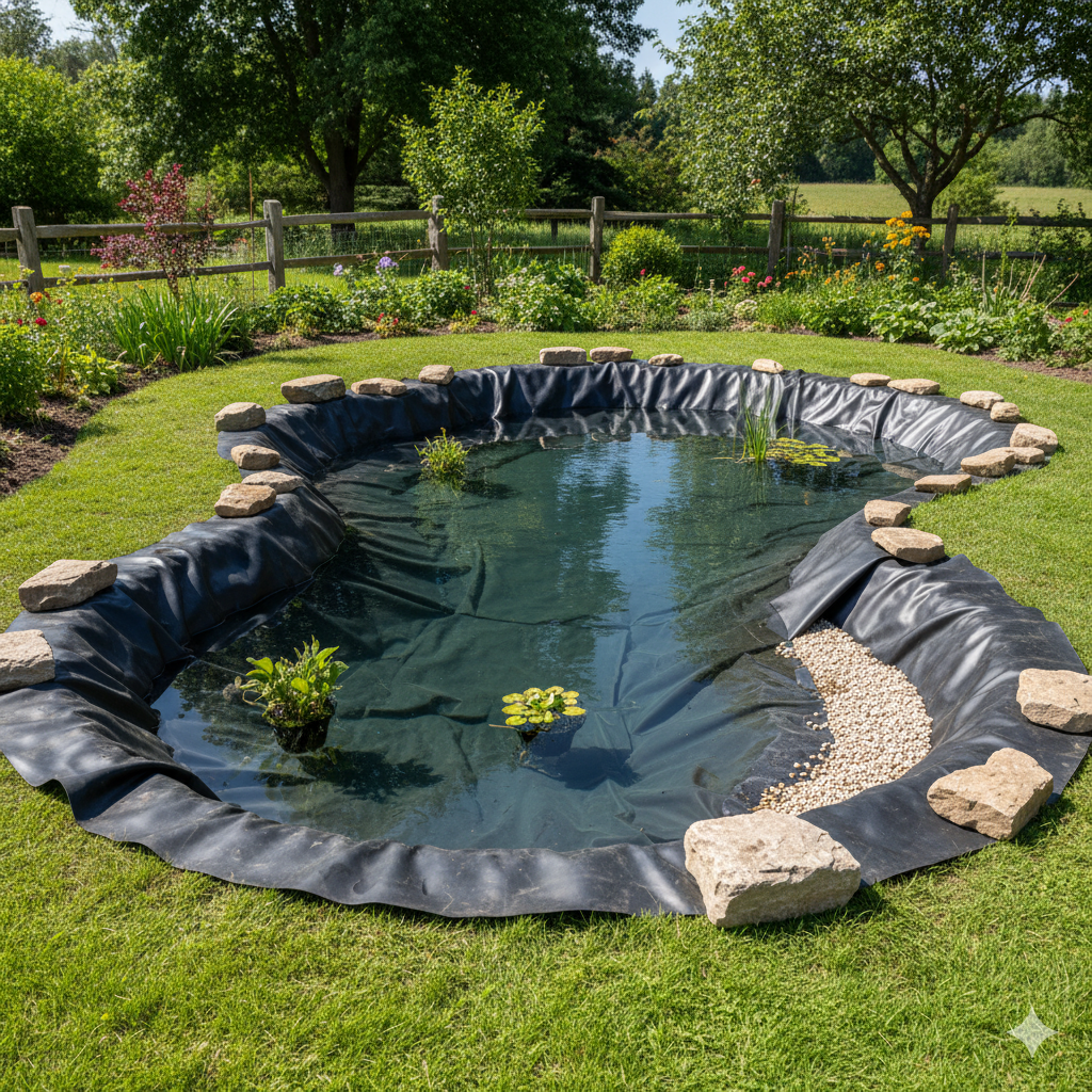 A garden pond lined with black tarp, bordered by stones, surrounded by grass and trees. Cover-Tech Pond Liners/Tank Liners.