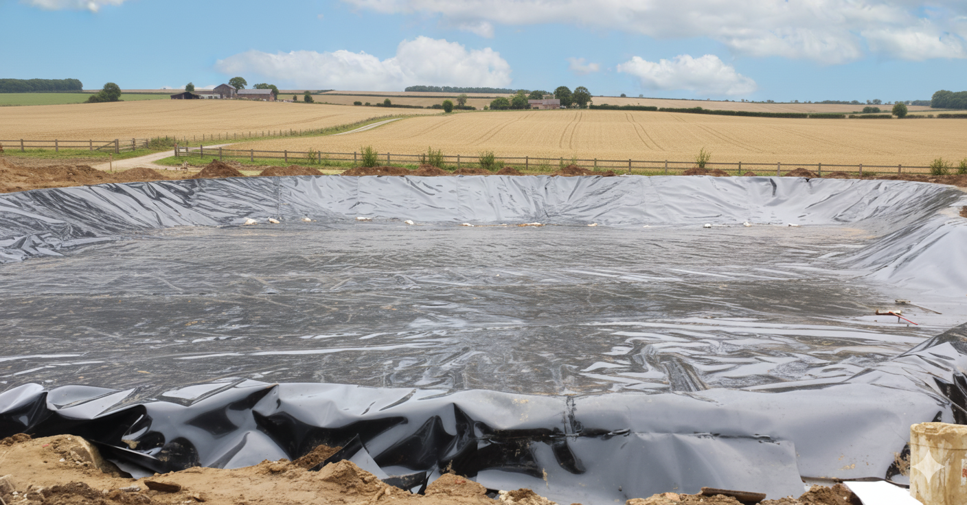 Newly constructed farm pond lined with black tarp, in a field with dry crops and cloudy sky. Cover-Tech Pond Liners/Tank Liners.