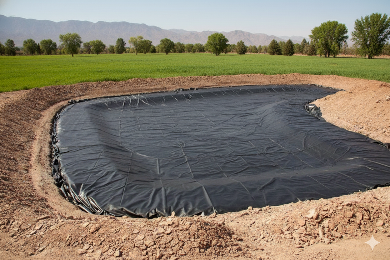 Black liner in a dug-out pond with earthen banks, near a green field and mountains. Cover-Tech Pond Liners/Tank Liners.