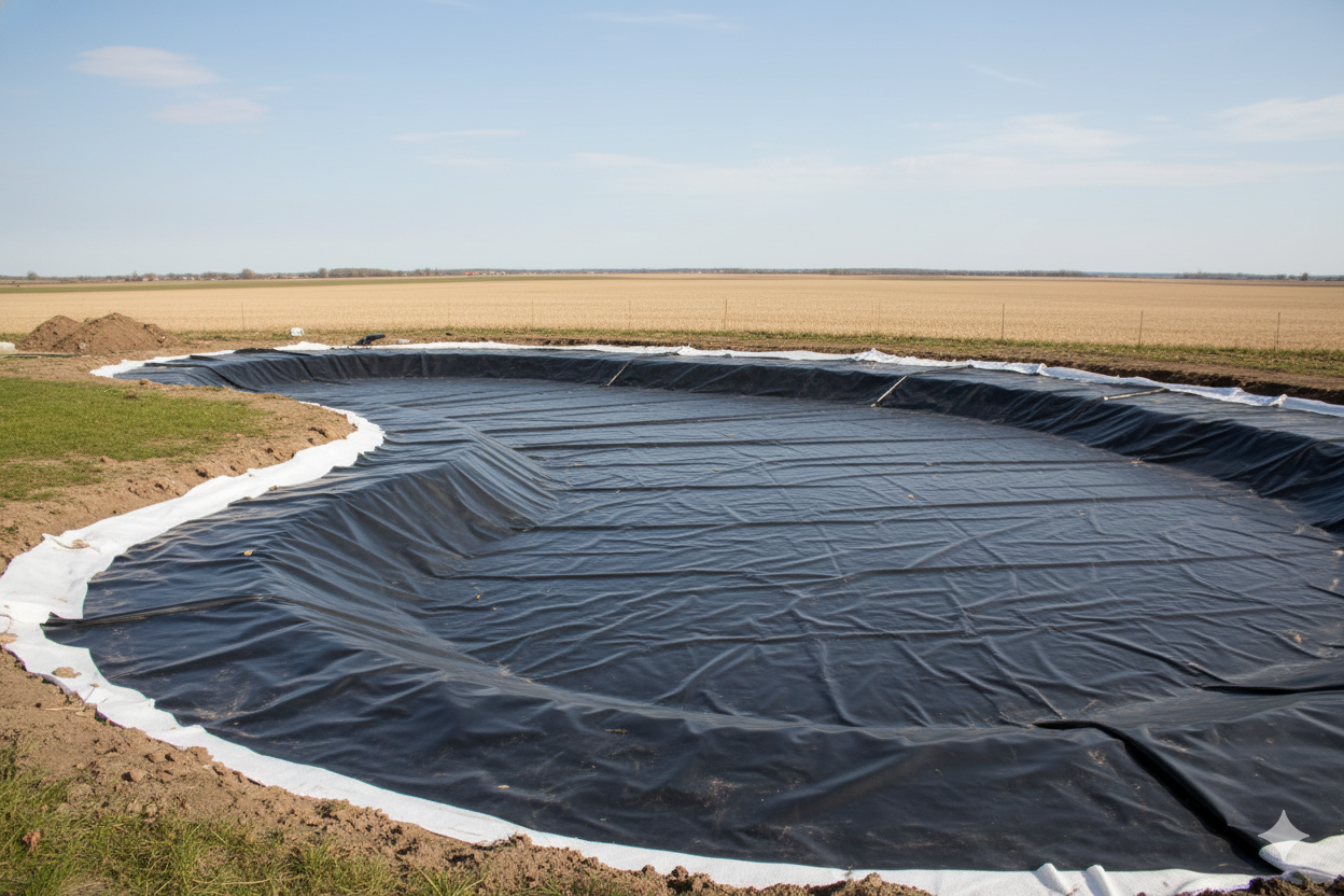 Black pond liner in a partially dug outdoor basin, white fabric edge, farmland in background. Cover-Tech Pond Liners/Tank Liners.