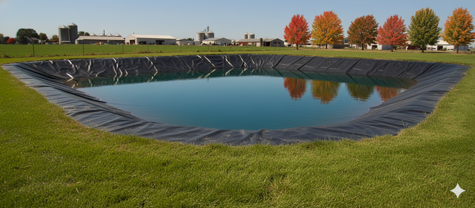 A water-filled pond with a black liner, reflecting colorful autumn trees and a distant building, in a grassy field. Cover-Tech Pond Liners/Tank Liners.