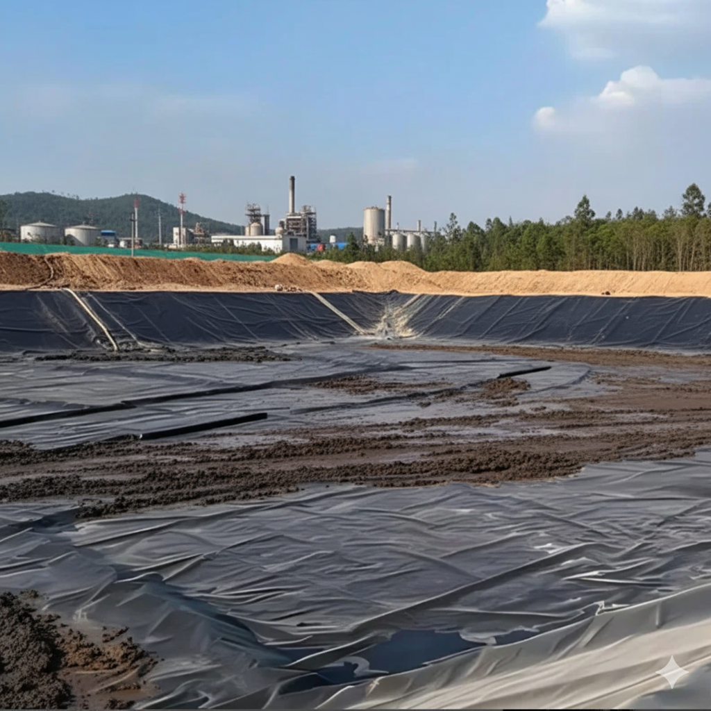 Large lined pond with muddy sediment, industrial buildings in background. Cover-Tech Pond Liners/Tank Liners.