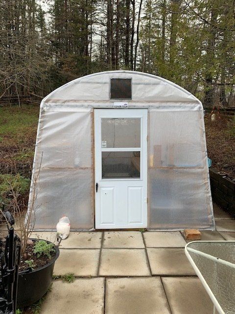 Greenhouse with white door, set on patio stones, with a backdrop of trees.