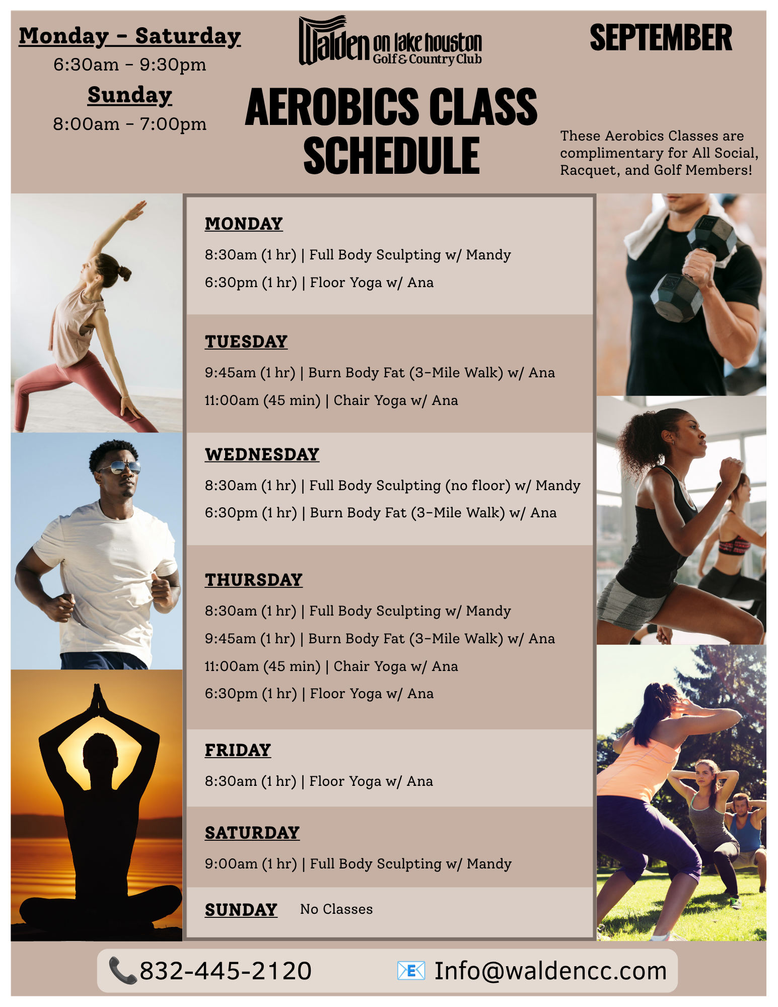 February fitness schedule: gym hours, class schedule, and contact info.