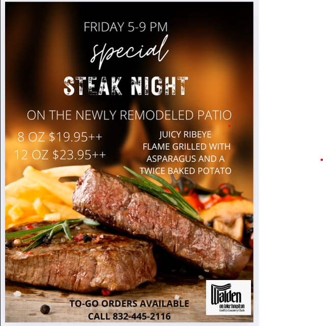 Steak Night ad: flame-grilled ribeye with asparagus and potato, Friday 5-9 PM on the patio.