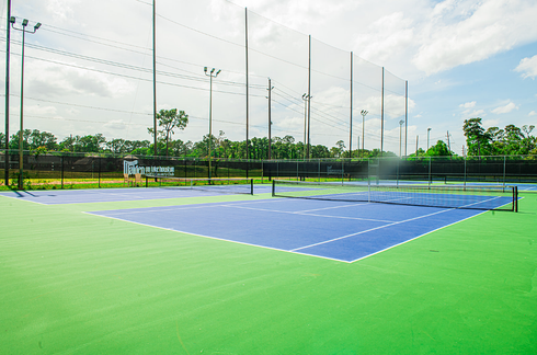 Blue and green pickleball court with net and surrounding fence under a cloudy sky.