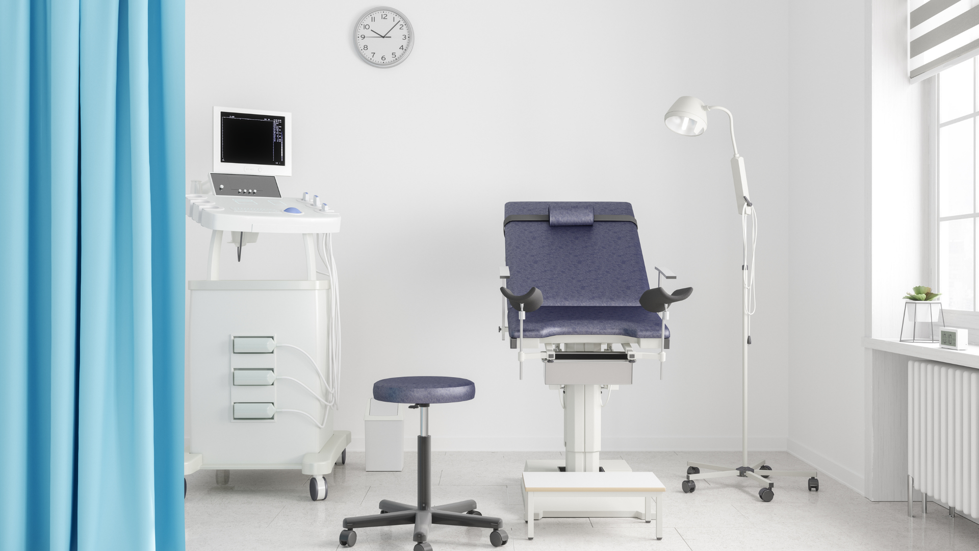 Doctor consulting a patient at a desk with a stethoscope and tablet in a bright clinic office