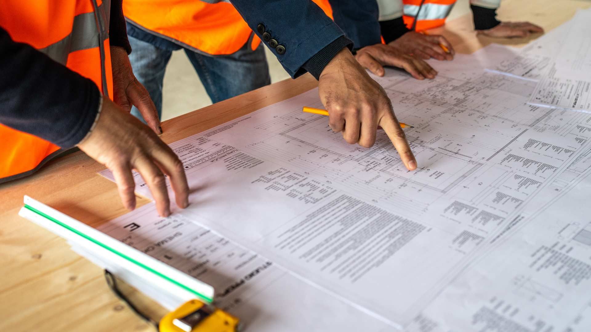 Construction workers reviewing blueprints on a wooden table, with orange safety vests visible.
