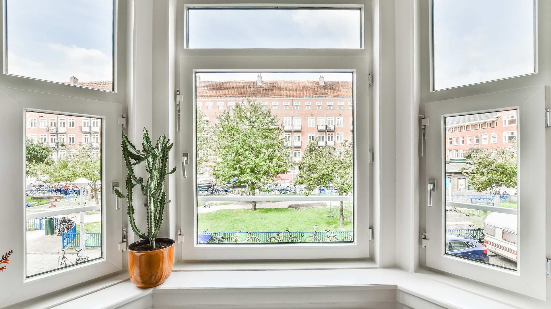 Bay window overlooking a sunny courtyard, with a potted plant on the sill and brick buildings outside