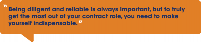 An orange speech bubble with a quote about being diligent and reliable