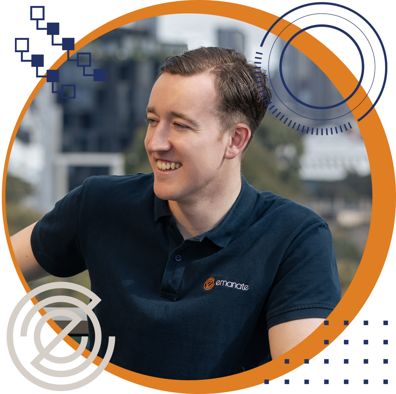 Man in navy polo shirt, smiling, framed by orange and blue geometric shapes. City background.