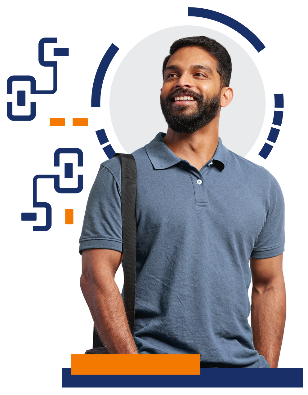 A man with a beard is wearing a blue polo shirt and carrying a black bag.