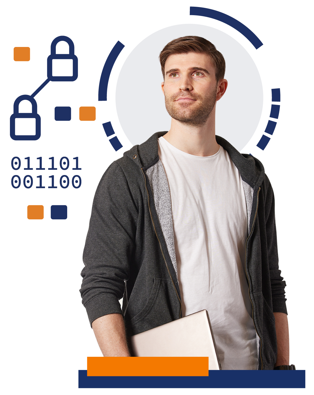 A man is holding a laptop in front of a binary code.