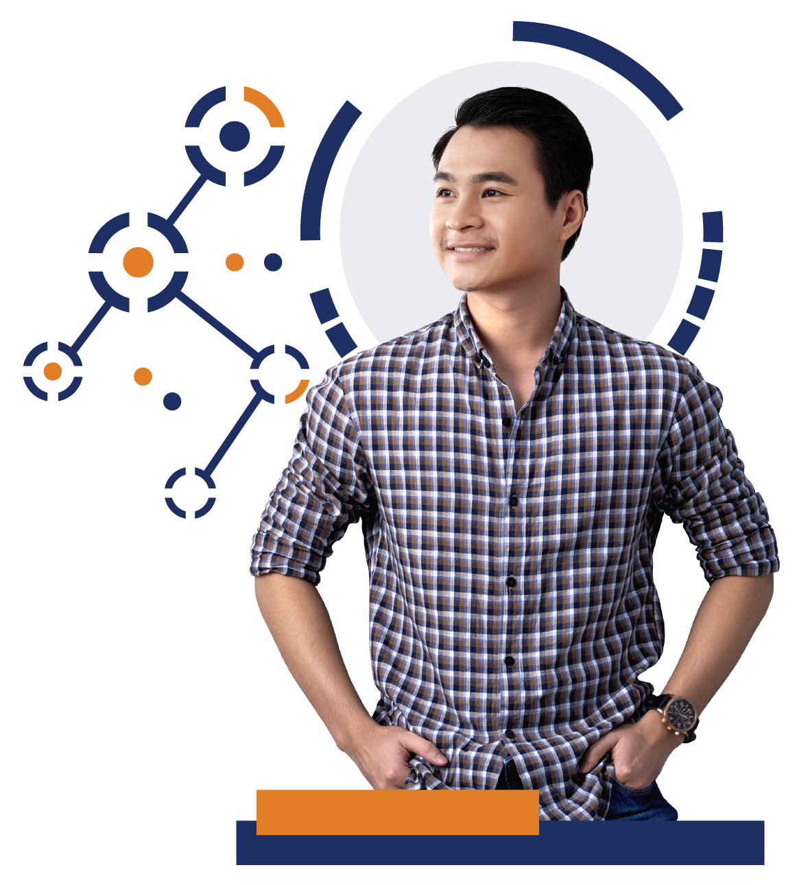 A man in a plaid shirt is standing with his hands in his pockets.