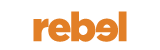 The word rebel is written in orange letters on a white background.