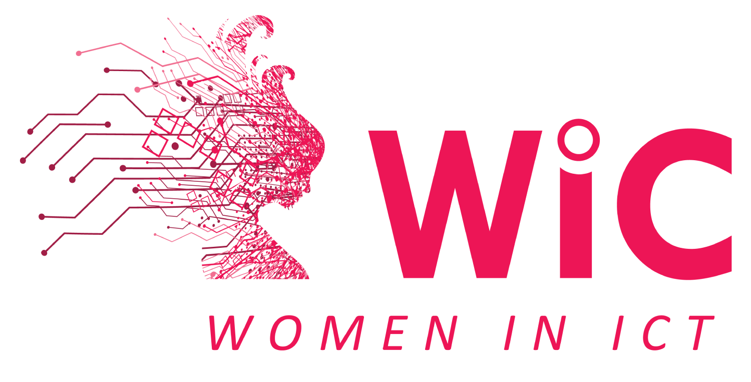 The logo for wic women in ict shows a woman 's head with circuits coming out of it.