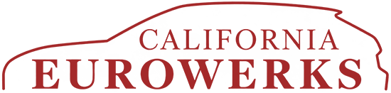 California Eurowerks logo in red serif text with a stylized red car outline above it