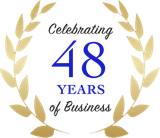 Logo celebrating 47 years of business; blue