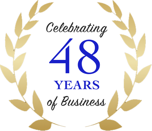 Logo celebrating 47 years of business; blue