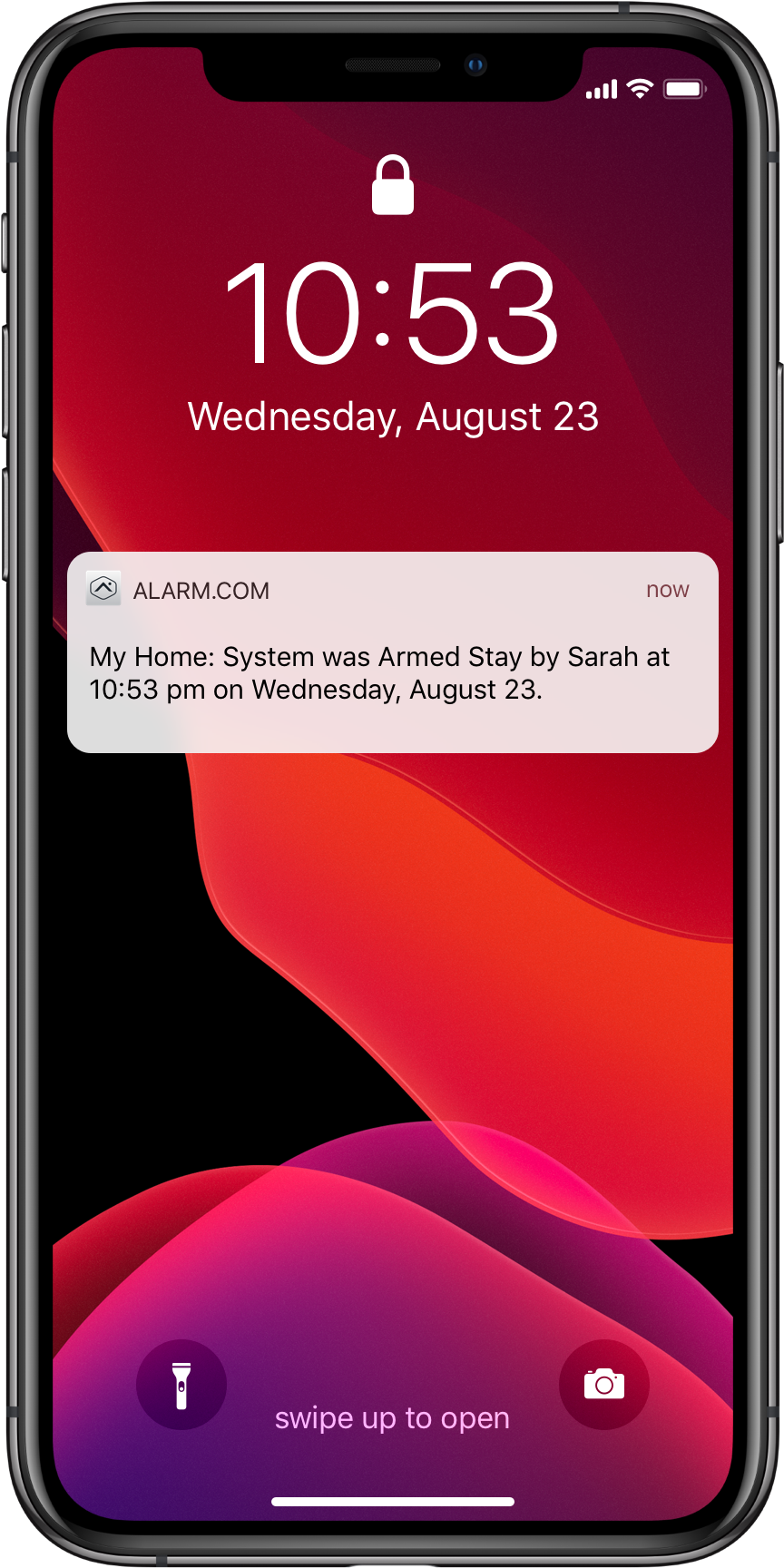 IPhone lock screen showing a notification about a system update at 10:53 on Wednesday, August 23