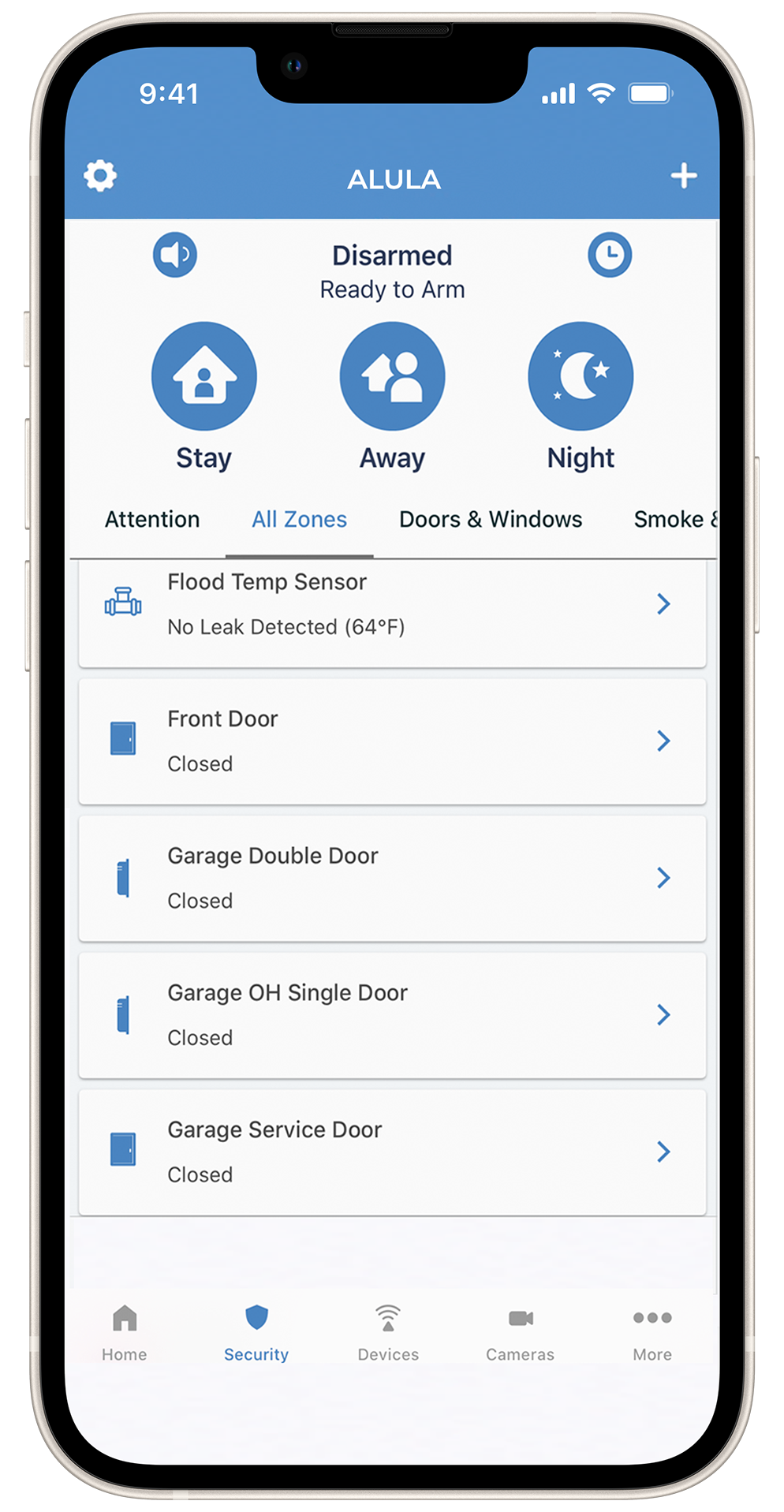 Smartphone screen showing a blue home dashboard with weather icons and a list of options.