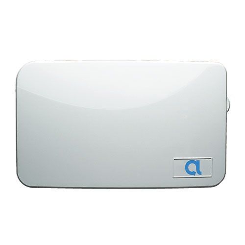 White rounded rectangular device with a small blue logo in the lower right corner