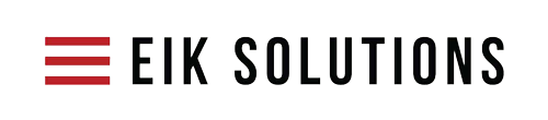 Logo of EIK SOLUTIONS, a company name with a dark red three-line graphic on the left.