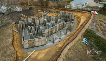 An aerial view of a house under construction.