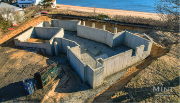 An aerial view of a concrete basement under construction
