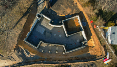 An aerial view of a house under construction.