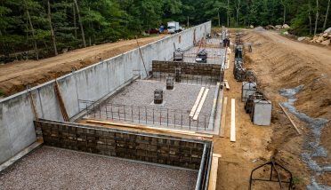 A large concrete structure is being built next to a dirt road.
