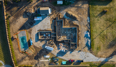 An aerial view of a house under construction.
