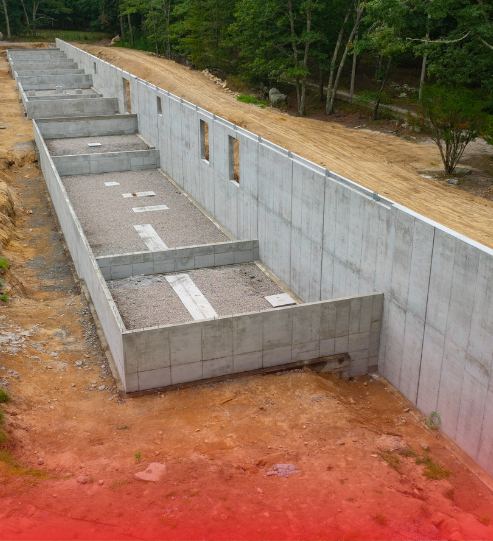 A large concrete wall is surrounded by dirt and trees.