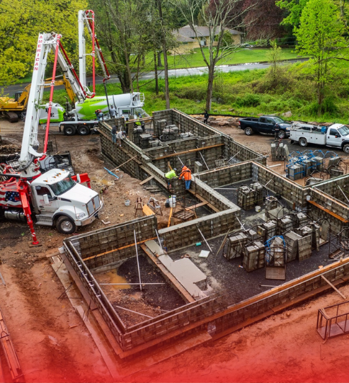 An aerial view of a construction site with a concrete pump and trucks.