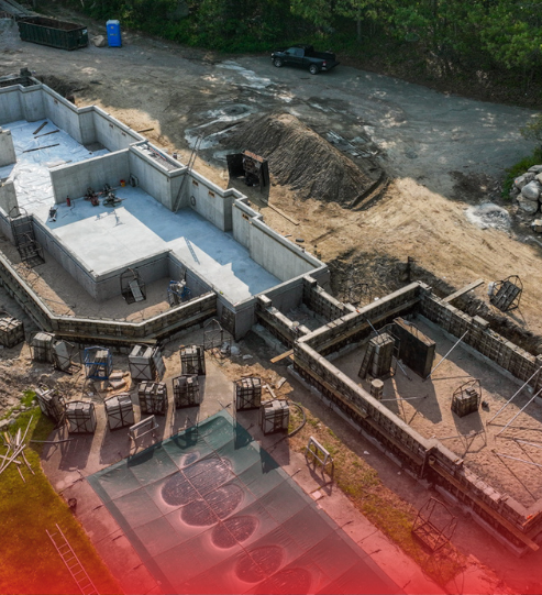 An aerial view of a building under construction.