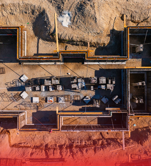An aerial view of a building under construction.